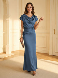 Sheath Cowl Neck Satin Floor-Length Formal Dresses with Ruched Waist