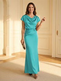 Sheath Cowl Neck Satin Floor-Length Formal Dresses with Ruched Waist