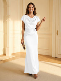 Sheath Cowl Neck Satin Floor-Length Formal Dresses with Ruched Waist