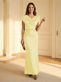 Sheath Cowl Neck Satin Floor-Length Formal Dresses with Ruched Waist