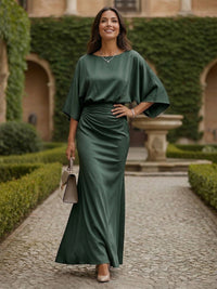 Sheath 3/4 Sleeves Scoop Neck Satin Floor-Length Formal Dresses with Ruched Waist