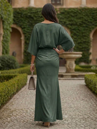 Sheath 3/4 Sleeves Scoop Neck Satin Floor-Length Formal Dresses with Ruched Waist