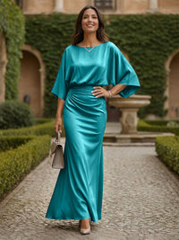 Sheath 3/4 Sleeves Scoop Neck Satin Floor-Length Formal Dresses with Ruched Waist