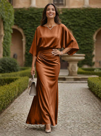 Sheath 3/4 Sleeves Scoop Neck Satin Floor-Length Formal Dresses with Ruched Waist