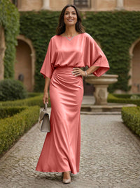 Sheath 3/4 Sleeves Scoop Neck Satin Floor-Length Formal Dresses with Ruched Waist