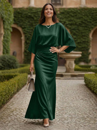 Sheath 3/4 Sleeves Scoop Neck Satin Floor-Length Formal Dresses with Ruched Waist