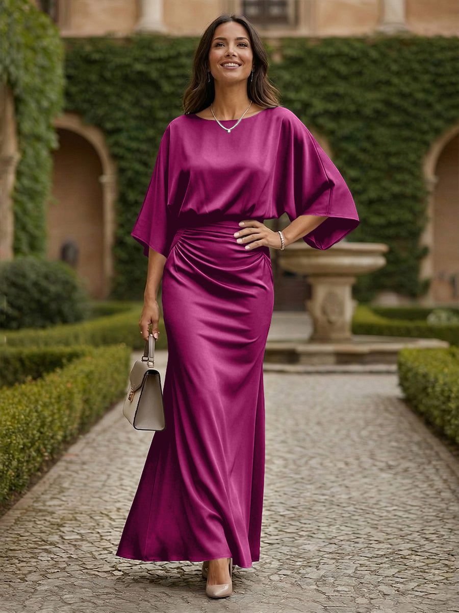Sheath 3/4 Sleeves Scoop Neck Satin Floor-Length Formal Dresses with Ruched Waist