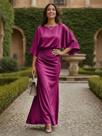 Sheath 3/4 Sleeves Scoop Neck Satin Floor-Length Formal Dresses with Ruched Waist
