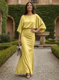Sheath 3/4 Sleeves Scoop Neck Satin Floor-Length Formal Dresses with Ruched Waist