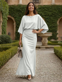 Sheath 3/4 Sleeves Scoop Neck Satin Floor-Length Formal Dresses with Ruched Waist