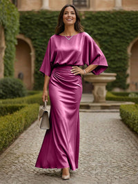 Sheath 3/4 Sleeves Scoop Neck Satin Floor-Length Formal Dresses with Ruched Waist