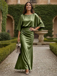 Sheath 3/4 Sleeves Scoop Neck Satin Floor-Length Formal Dresses with Ruched Waist