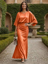 Sheath 3/4 Sleeves Scoop Neck Satin Floor-Length Formal Dresses with Ruched Waist