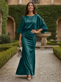 Sheath 3/4 Sleeves Scoop Neck Satin Floor-Length Formal Dresses with Ruched Waist