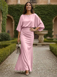 Sheath 3/4 Sleeves Scoop Neck Satin Floor-Length Formal Dresses with Ruched Waist