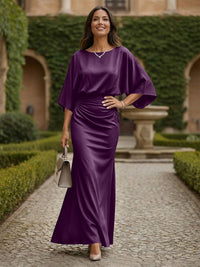 Sheath 3/4 Sleeves Scoop Neck Satin Floor-Length Formal Dresses with Ruched Waist
