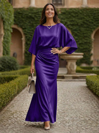 Sheath 3/4 Sleeves Scoop Neck Satin Floor-Length Formal Dresses with Ruched Waist