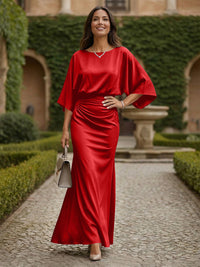 Sheath 3/4 Sleeves Scoop Neck Satin Floor-Length Formal Dresses with Ruched Waist