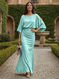 Sheath 3/4 Sleeves Scoop Neck Satin Floor-Length Formal Dresses with Ruched Waist