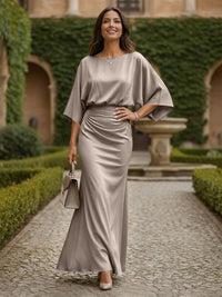 Sheath 3/4 Sleeves Scoop Neck Satin Floor-Length Formal Dresses with Ruched Waist