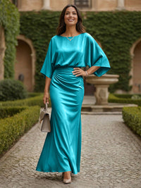 Sheath 3/4 Sleeves Scoop Neck Satin Floor-Length Formal Dresses with Ruched Waist