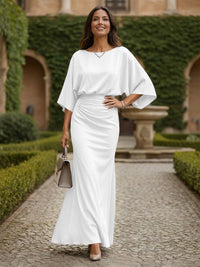 Sheath 3/4 Sleeves Scoop Neck Satin Floor-Length Formal Dresses with Ruched Waist