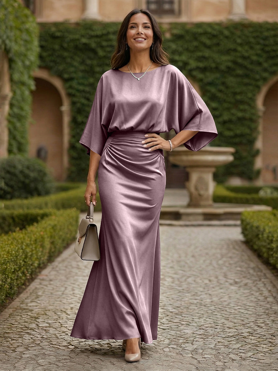Sheath 3/4 Sleeves Scoop Neck Satin Floor-Length Formal Dresses with Ruched Waist