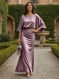 Sheath 3/4 Sleeves Scoop Neck Satin Floor-Length Formal Dresses with Ruched Waist
