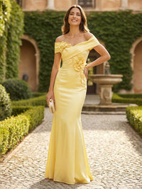 Sheath Off Shoulder Satin Floor-Length Formal Dresses with Flower