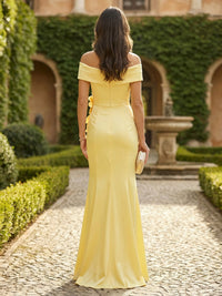 Sheath Off Shoulder Satin Floor-Length Formal Dresses with Flower