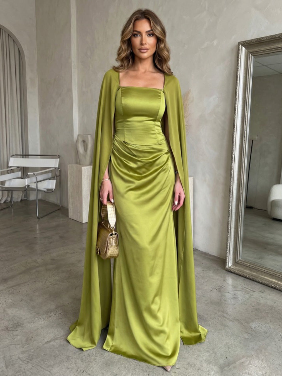 Sheath Satin Square Neck Floor-Length Formal Dresses with Cape
