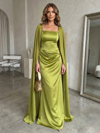 Sheath Satin Square Neck Floor-Length Formal Dresses with Cape