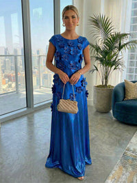 Metallic Satin Scoop Neck Floor-Length Formal Dresses Shift Dresses with 3D Flower