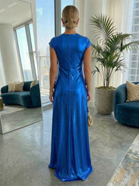 Metallic Satin Scoop Neck Floor-Length Formal Dresses Shift Dresses with 3D Flower