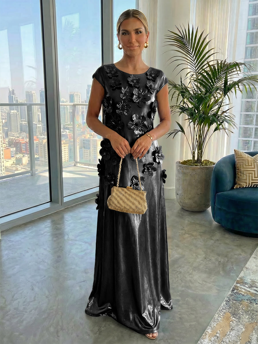 Metallic Satin Scoop Neck Floor-Length Formal Dresses Shift Dresses with 3D Flower