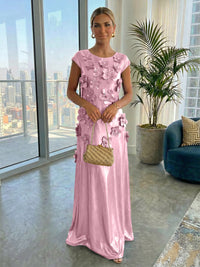 Metallic Satin Scoop Neck Floor-Length Formal Dresses Shift Dresses with 3D Flower