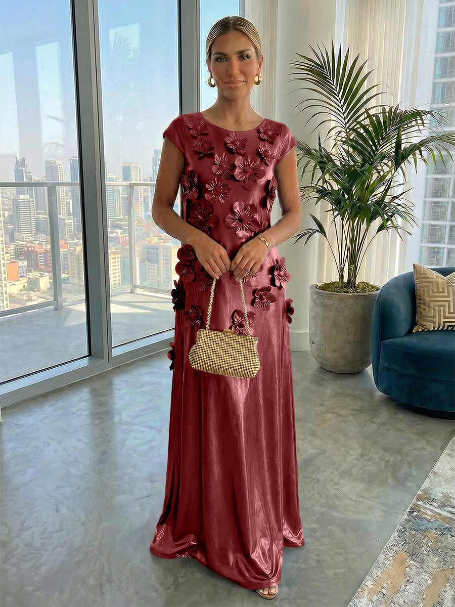 Metallic Satin Scoop Neck Floor-Length Formal Dresses Shift Dresses with 3D Flower
