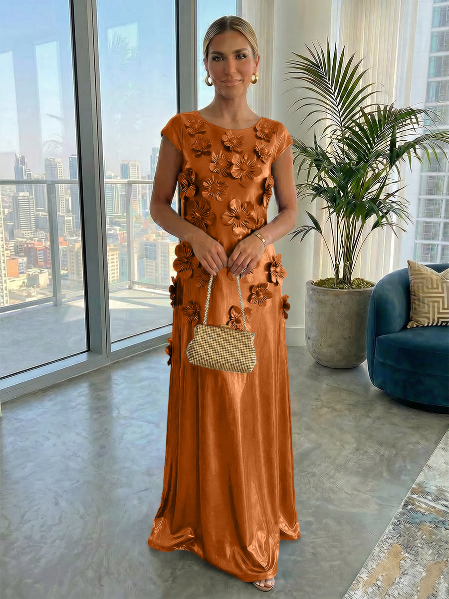 Metallic Satin Scoop Neck Floor-Length Formal Dresses Shift Dresses with 3D Flower