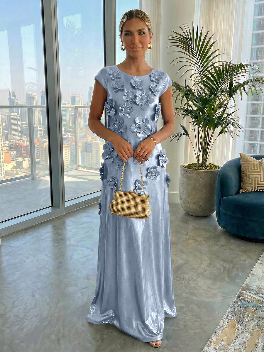 Metallic Satin Scoop Neck Floor-Length Formal Dresses Shift Dresses with 3D Flower