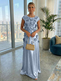 Metallic Satin Scoop Neck Floor-Length Formal Dresses Shift Dresses with 3D Flower