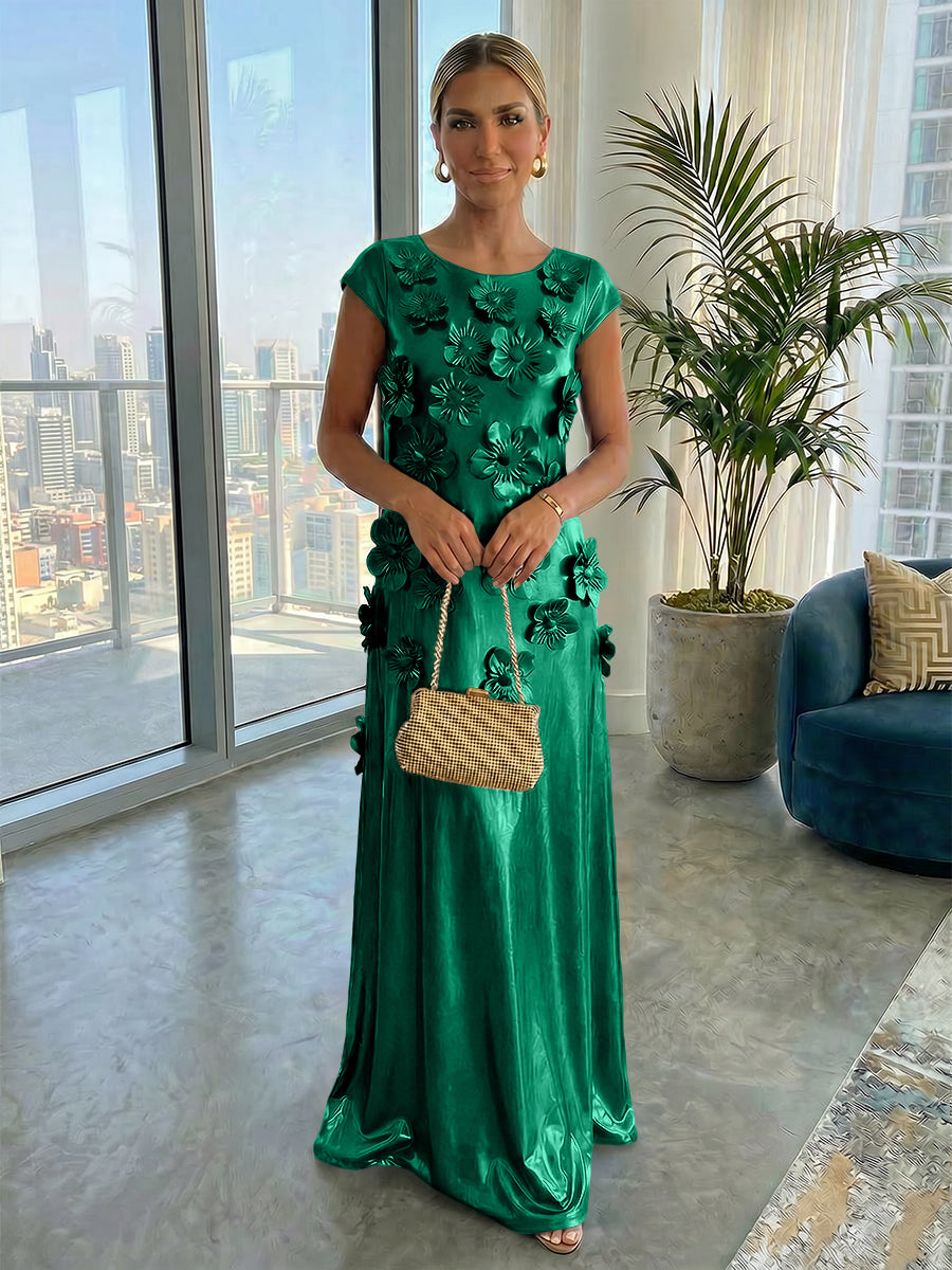 Metallic Satin Scoop Neck Floor-Length Formal Dresses Shift Dresses with 3D Flower