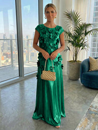 Metallic Satin Scoop Neck Floor-Length Formal Dresses Shift Dresses with 3D Flower
