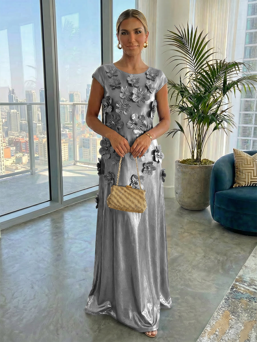 Metallic Satin Scoop Neck Floor-Length Formal Dresses Shift Dresses with 3D Flower