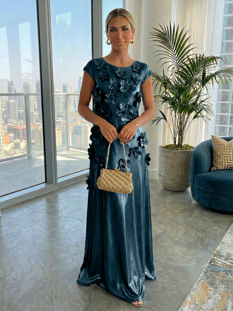 Metallic Satin Scoop Neck Floor-Length Formal Dresses Shift Dresses with 3D Flower