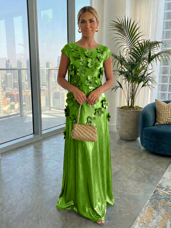 Metallic Satin Scoop Neck Floor-Length Formal Dresses Shift Dresses with 3D Flower