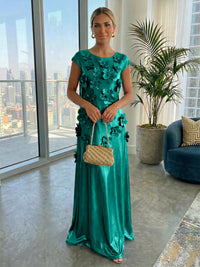 Metallic Satin Scoop Neck Floor-Length Formal Dresses Shift Dresses with 3D Flower