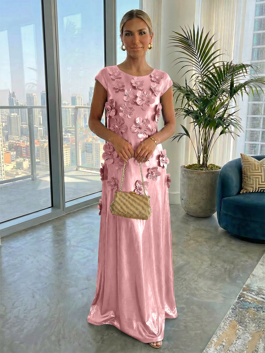 Metallic Satin Scoop Neck Floor-Length Formal Dresses Shift Dresses with 3D Flower