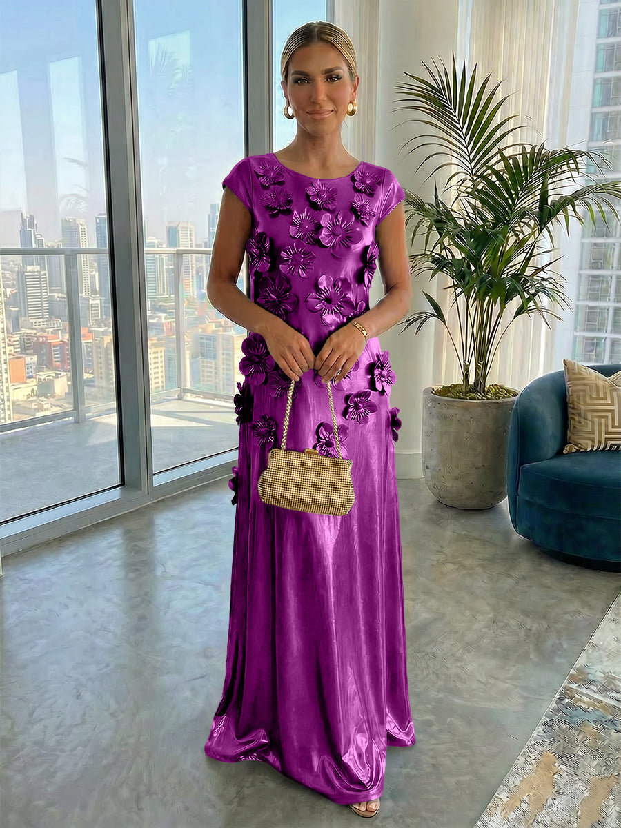 Metallic Satin Scoop Neck Floor-Length Formal Dresses Shift Dresses with 3D Flower