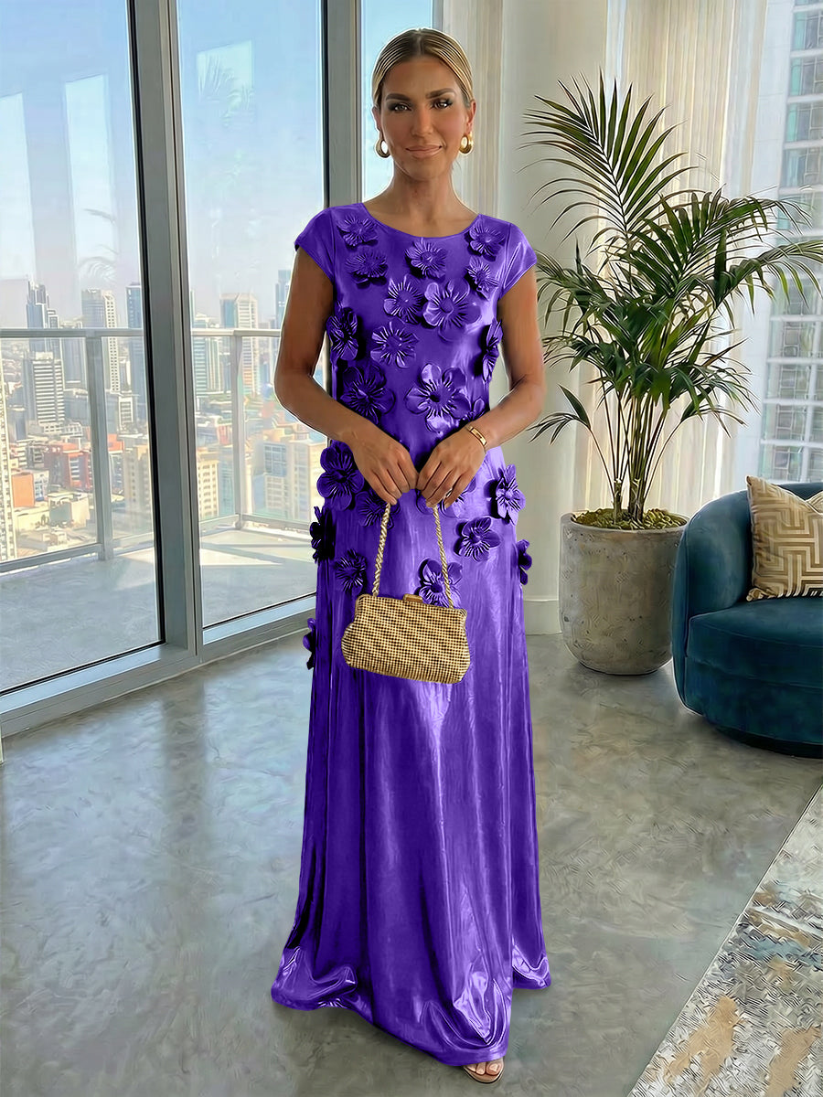 Metallic Satin Scoop Neck Floor-Length Formal Dresses Shift Dresses with 3D Flower