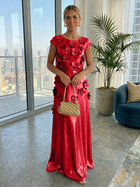 Metallic Satin Scoop Neck Floor-Length Formal Dresses Shift Dresses with 3D Flower